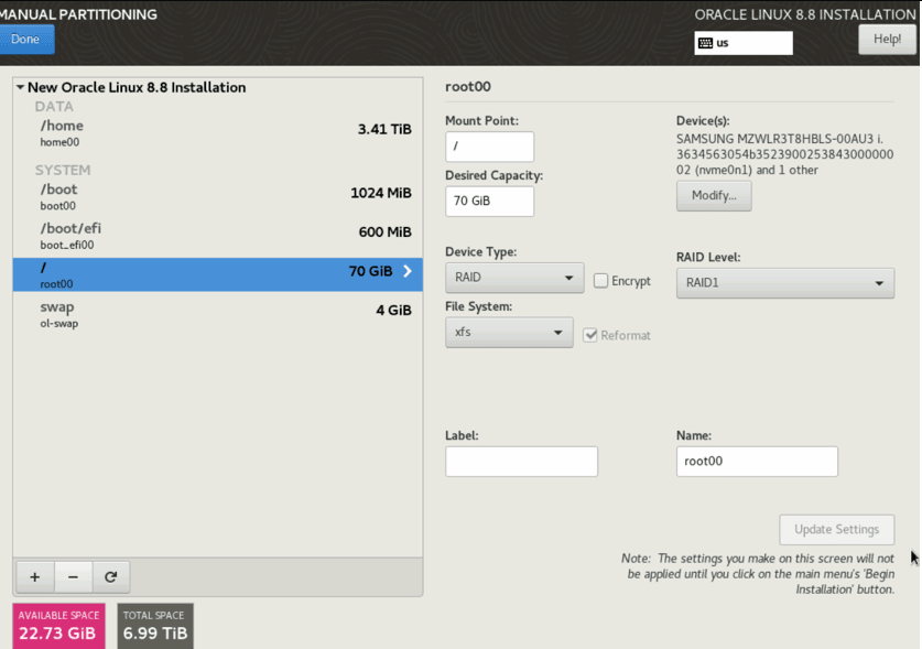 Manual partitioning root