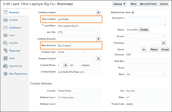 スクリーン・ショットで強調表示された「新規担当者」および「新規アカウント」フィールドが表示されたクラシック営業UIの「リードの編集」ページ。