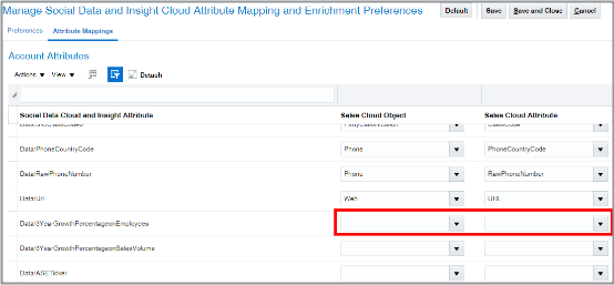 「Social Data and Insight Cloudの属性マッピングとエンリッチメント・プリファレンスの管理」で 「販売クラウド・オブジェクト」と「販売クラウド属性」が 強調表示された「属性マッピング」タブ