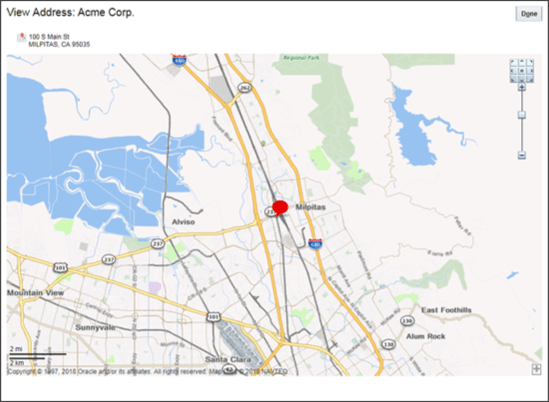 マップ上のピンで表されるアカウント住所の場所を示す 「住所の表示」ページのスクリーンショット