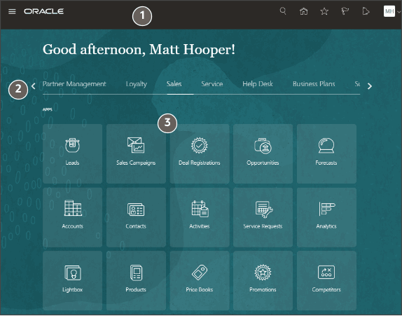 テキストで説明されているリージョンを強調表示するコールアウトを含むホーム・ページのトップ・セクション