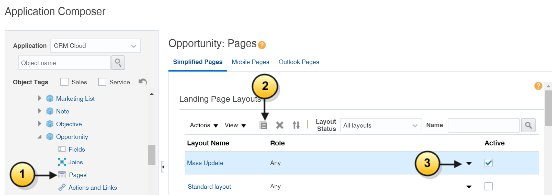 アプリケーション・コンポーザの「商談: ページ」 のスクリーンショット。 このスクリーンショットは、作成したカスタムの「一括更新」レイアウトを示しています。 コールアウトは、テキストで説明する機能を強調表示しています。 