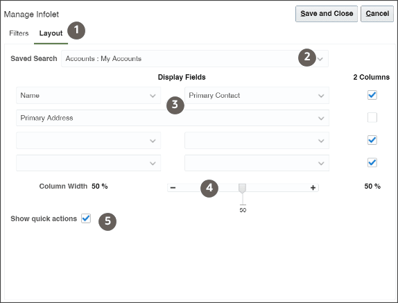 テキストで説明されている機能が強調表示された 「インフォレットの管理」ウィンドウの「レイアウト」タブ