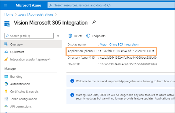 「アプリケーション クライアント ID」が強調表示された アプリケーション登録ページ
