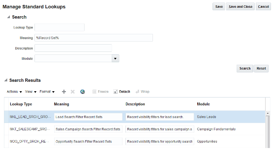 「検索結果」の「リード検索フィルタ・レコード・セット」、 「営業キャンペーン検索フィルタ・レコード・セット」および 「商談検索フィルタ・レコード・セット」にリストされている検索フィルタ・レコード・ セット参照タイプの一部が示されている部分的なスクリーン・キャプチャ。