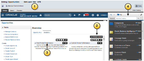 前述のコールアウトで強調表示された 様々なページ・コンポーザの「コンテンツの追加」モードの機能が表示された アプリケーション・ページの部分的なスクリーン・キャプチャ