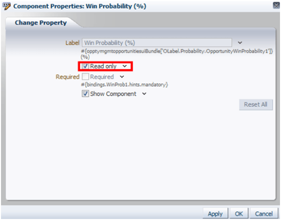 この図は、「コンポーネント・プロパティ」ウィンドウの「受注確度 - 読取り専用」チェックボックスを示しています。