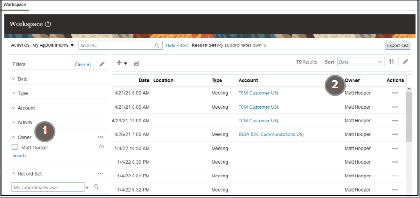 所有者フィルタが除外されているアクティビティ 検索結果を示しています
