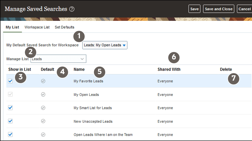 テキストで説明されている機能を強調表示した コールアウトを含む「保存済検索の管理」ウィンドウ。
