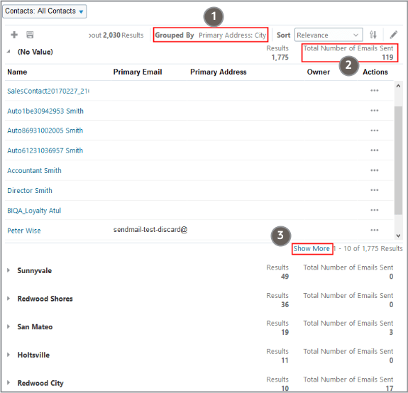 「詳細を表示」リンクと 特定のグループの集計合計の場所を示すサンプルのスクリーンショット