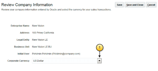「会社情報のレビュー」ページとサンプル・データのスクリーン・キャプチャ。
