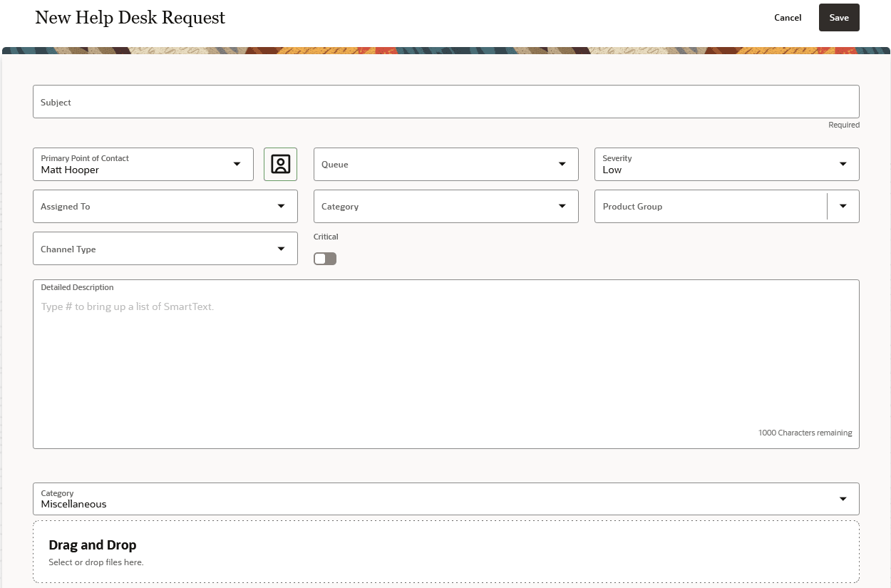 新規ヘルプ・デスク・リクエストUI。