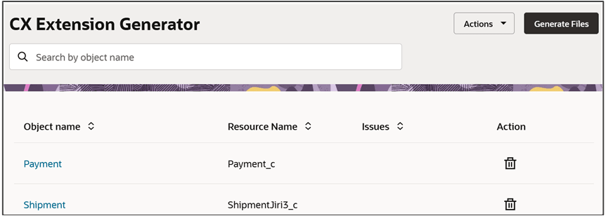 このスクリーンショットは、CX拡張ジェネレータのリスト・ページを示しています。