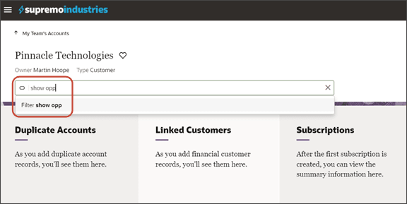 このスクリーンショットは、アカウントが「顧客」の場合、フィールド条件によって「商談の表示」スマート処理が非表示になることを示しています。