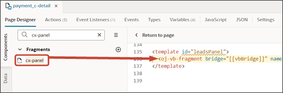 このスクリーンショットは、フラグメントをテンプレート・エディタにドラッグする方法を示しています。