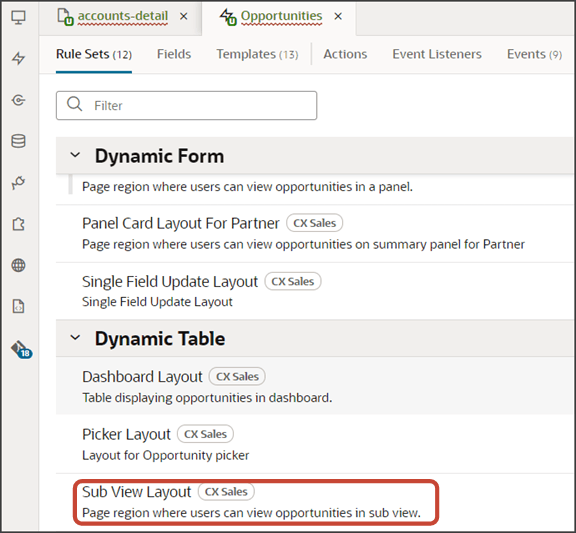 これは、「Opportunities」レイアウト・タブのSub View Layoutルール・セットのスクリーンショットです。