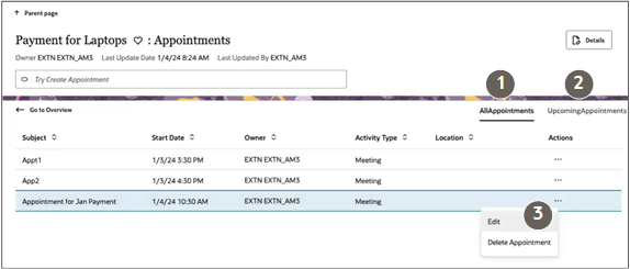3つのビューと処理がコールアウトで強調表示されている「アポイントメント」サブタブ。