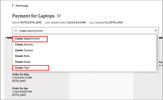 このスクリーンショットは、「タスクの作成」および「アポイントメントの作成」スマート処理へのアクセス方法を示しています。
