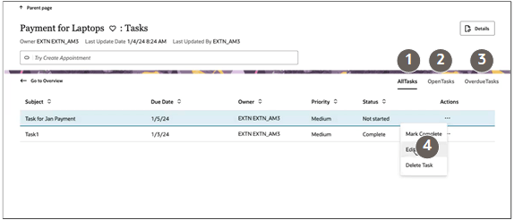 3つのビューと処理がコールアウトで強調表示されている「タスク」サブタブ。