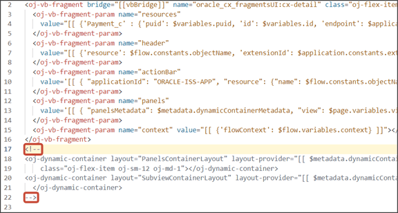 このスクリーンショットは、動的コンテナ・コンポーネントをコメント・アウトする方法を示しています。