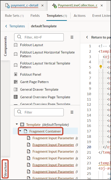 このスクリーンショットは、「支払明細」パネルのテンプレートの構造ペインを示しています。