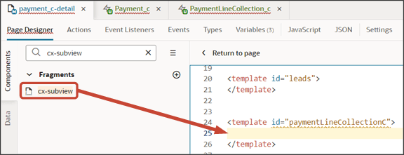 このスクリーンショットは、ページでフラグメントをドラッグする場所を示しています。
