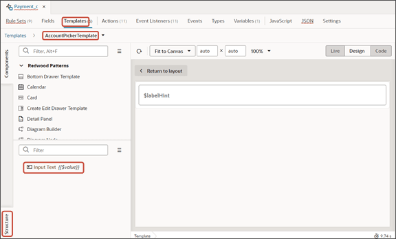 このスクリーンショットは、構造ペインに表示される、フィールド・テンプレートの「入力テキスト」ノードを示しています。