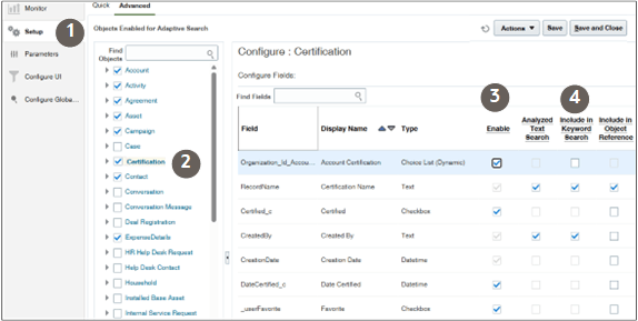 「詳細」タブが表示された「適応型検索設定の構成」ページ。 コールアウトでは、ステップで説明されている機能の一部が強調表示されます。 