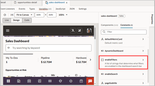enableFiltersの選択が強調表示された営業ダッシュボード定数