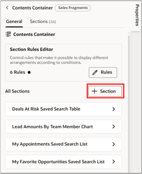 「+ Section」ボタンが強調表示された「コンテンツ・コンテナのプロパティ」ペイン