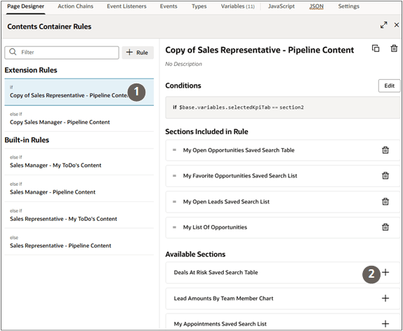 選択した拡張ルールおよび「ルールの追加」ボタンを識別するコールアウトを含むコンテンツ・コンテナ。