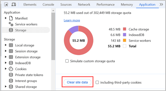 「サイト・データのクリア」ボタンのロケーションが強調表示された「アプリケーションの検査」タブのスクリーンショット