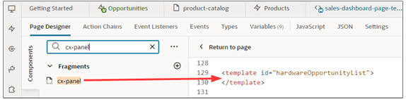 このスクリーンショットは、フラグメントをテンプレート・エディタにドラッグする方法を示しています。