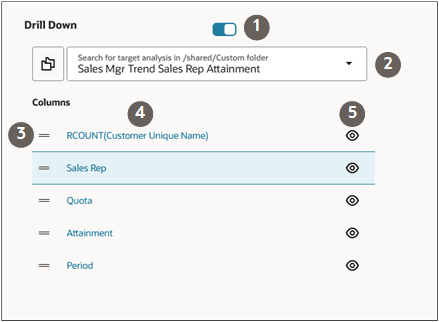 テキストで説明するフィールドを強調表示したコールアウトを含む「ドリルダウン」セクション