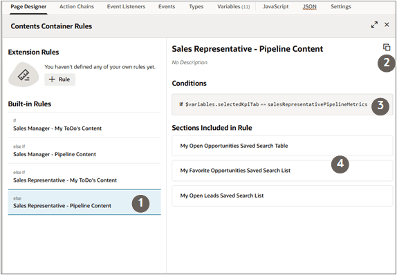 表で説明した項目が強調表示されたコールアウトを含む「コンテンツ・コンテナ・ルール」ページ