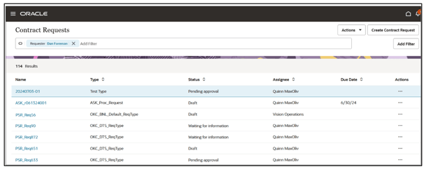 スクリーンショットは、「契約リクエスト」リスト・ページを示しています