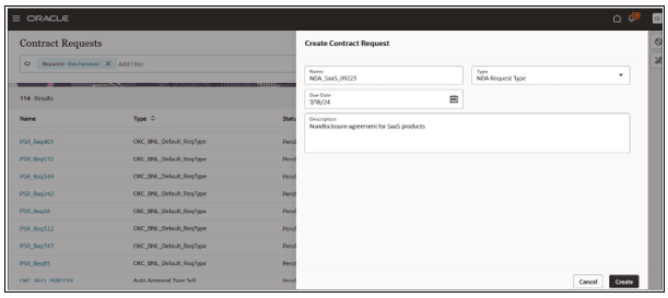 スクリーンショットは、「契約リクエストの作成」パネルを示しています