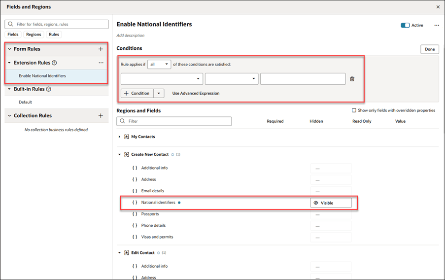 Visual Builder Studioの「フィールドおよびリージョンの構成」領域のスクリーン・キャプチャ。