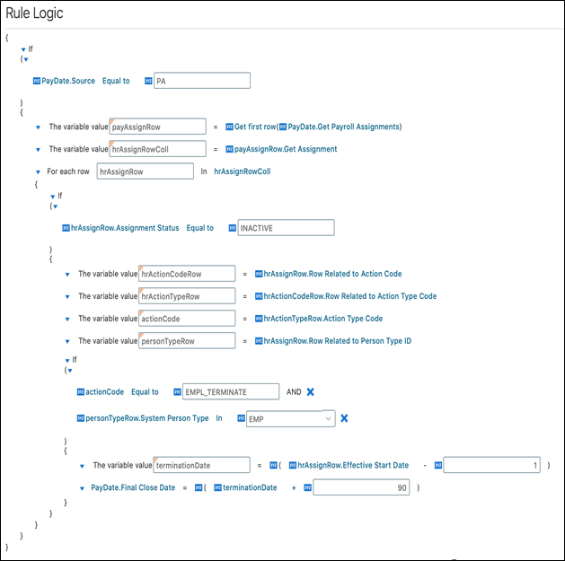 退職日+ n日に基づいて最終クローズ日を動的日付にデフォルト設定するオートコンプリート・ルール・サンプルのスクリーンショット