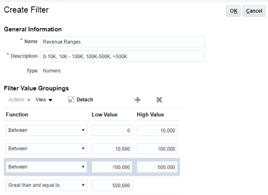 サンプルの数値フィールド・フィルタの 「フィルタの作成」ウィンドウのスクリーン・キャプチャ。 Revenue Rangesというフィルタには、 テキストで説明されているフィルタ値グループが含まれています。 