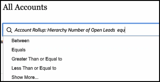 営業担当は、ロールアップを検索基準として使用できます。 スクリーン・ショットは、アカウント・ロールアップをアクション・バーの検索基準として使用する方法を示しています。 