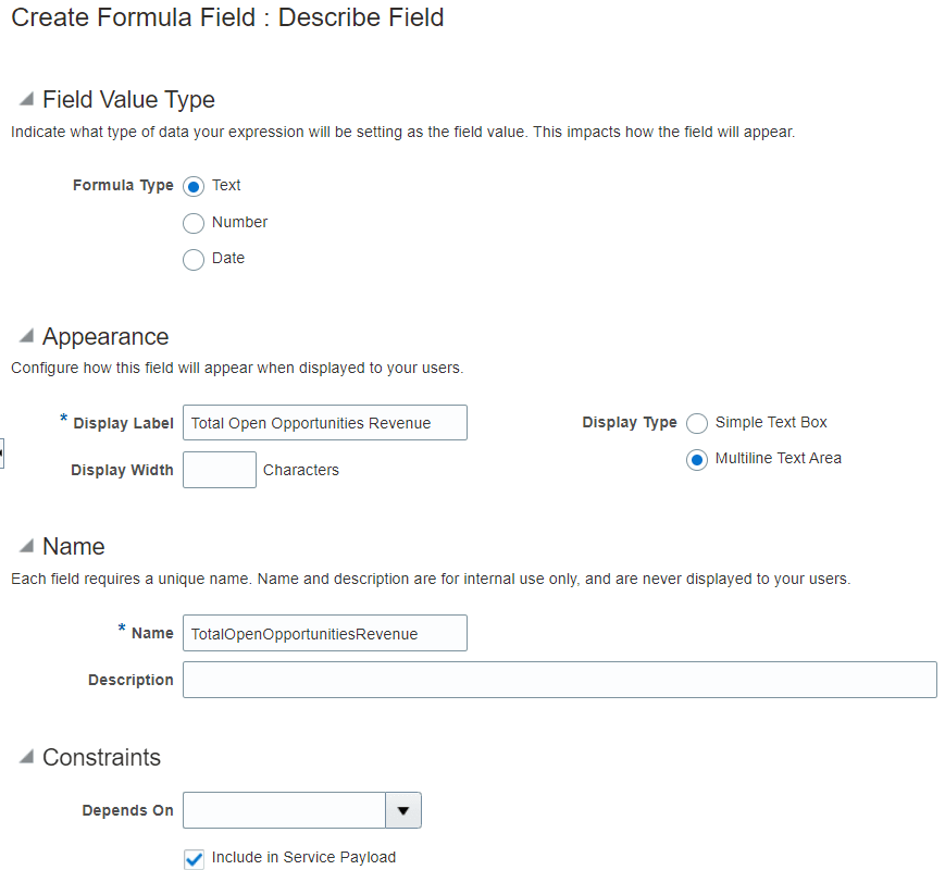 このスクリーン・ショットは、Total Open Opportunities Revenueの2番目の式フィールドの作成を示しています。