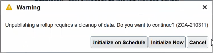ロールアップの未公開時に表示される警告メッセージ。
