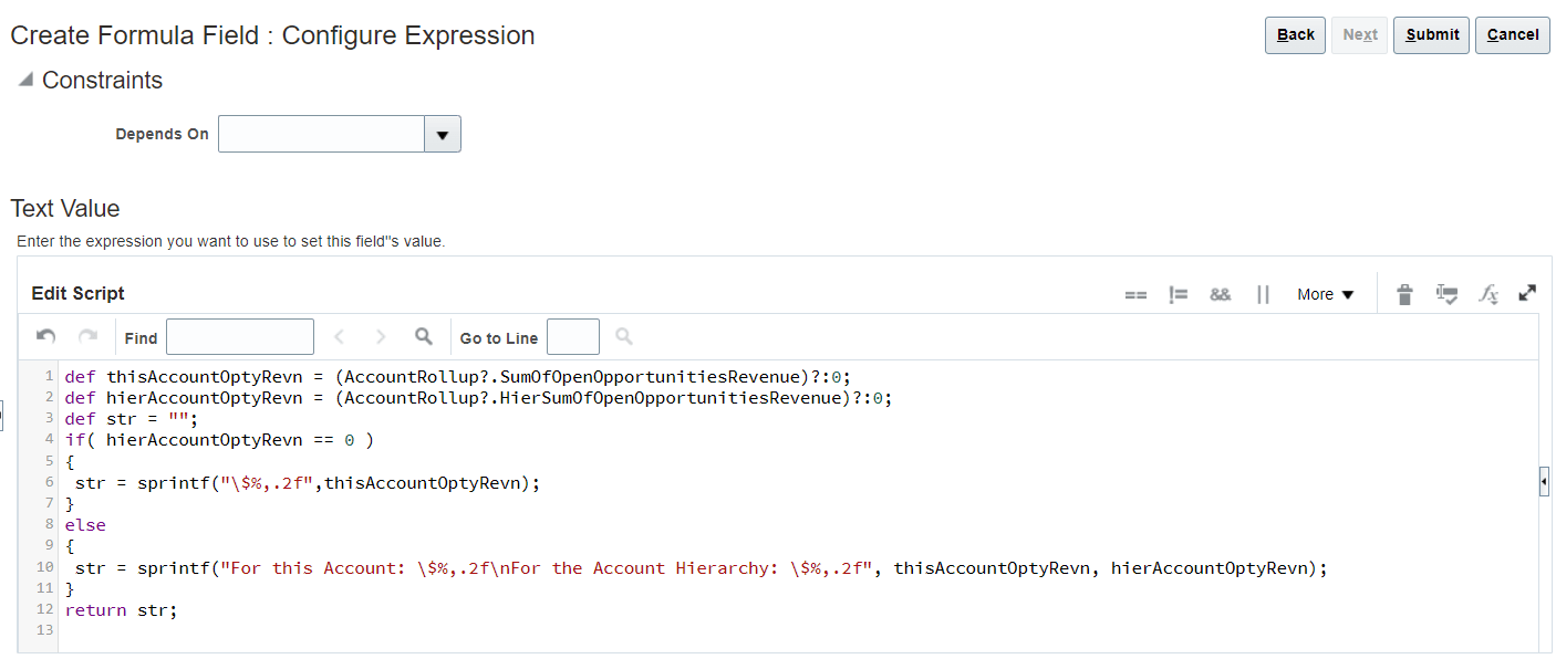 このスクリーン・ショットは、「Total Open Opportunities Revenue」式フィールドに構成された式を示しています。