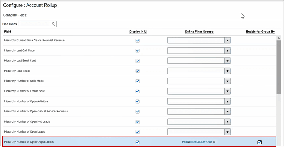 スクリーン・ショットは、「階層のオープン商談数」ロールアップをグループ化オプションとして有効化する方法を示しています。