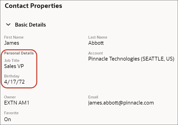 このスクリーンショットは、「個人詳細」フィールド・グループの「誕生日」フィールドを示しています。