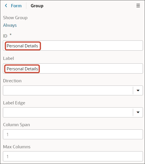 これは、フィールド・グループのIDとラベルのスクリーンショットです。