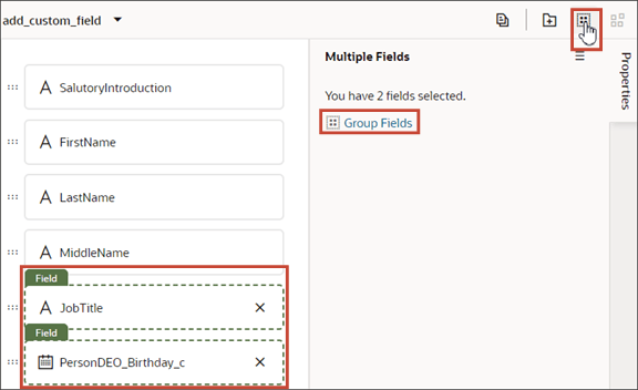これは、ページ・デザイナでフィールド・グループにフィールドを追加するためのスクリーンショットです。