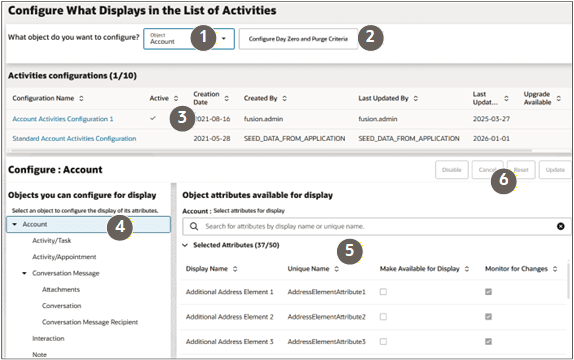 スクリーンショットのコールアウトで強調表示された「アクティビティのリストで表示するものを構成」ページ