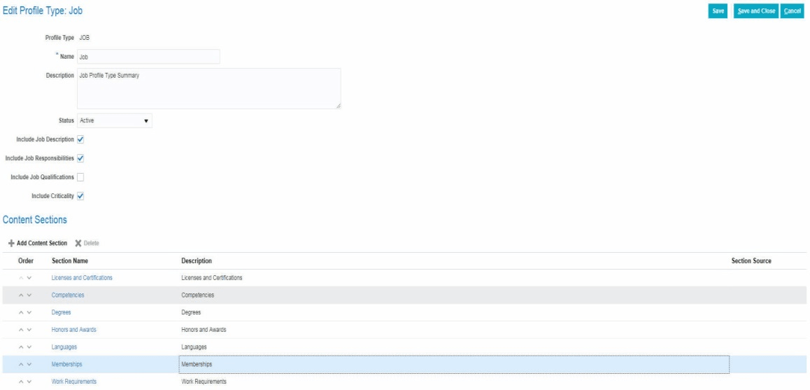プロファイル・タイプを編集して、事前定義済テンプレートに基づいて新しいコンテンツ・セクションを追加します。